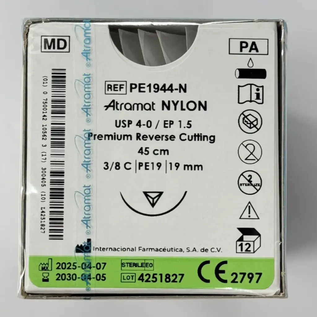 SUTURA NYLON MONO NGO 4-0, 45 CM AGUJA REVERSO CORTANTE PREMIUM 19 MM 3/8 CIRCULO C/12 ATRAMAT