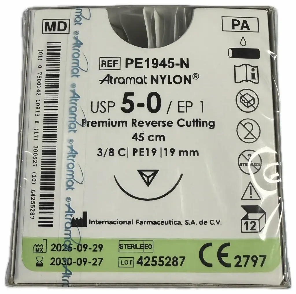SUTURA NYLON MONO NGO 5-0, 45 CM AGUJA REVERSO CORTANTE PREMIUM 19 MM 3/8 CIRCULO ATRAMAT