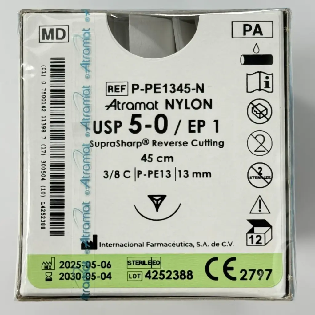 SUTURA NYLON MONO NGO 5-0, 45 CM AGUJA REVERSO CORTANTE SUPRA-SHARP 13 MM 3/8 CIRCULO C/12 ATRAMAT
