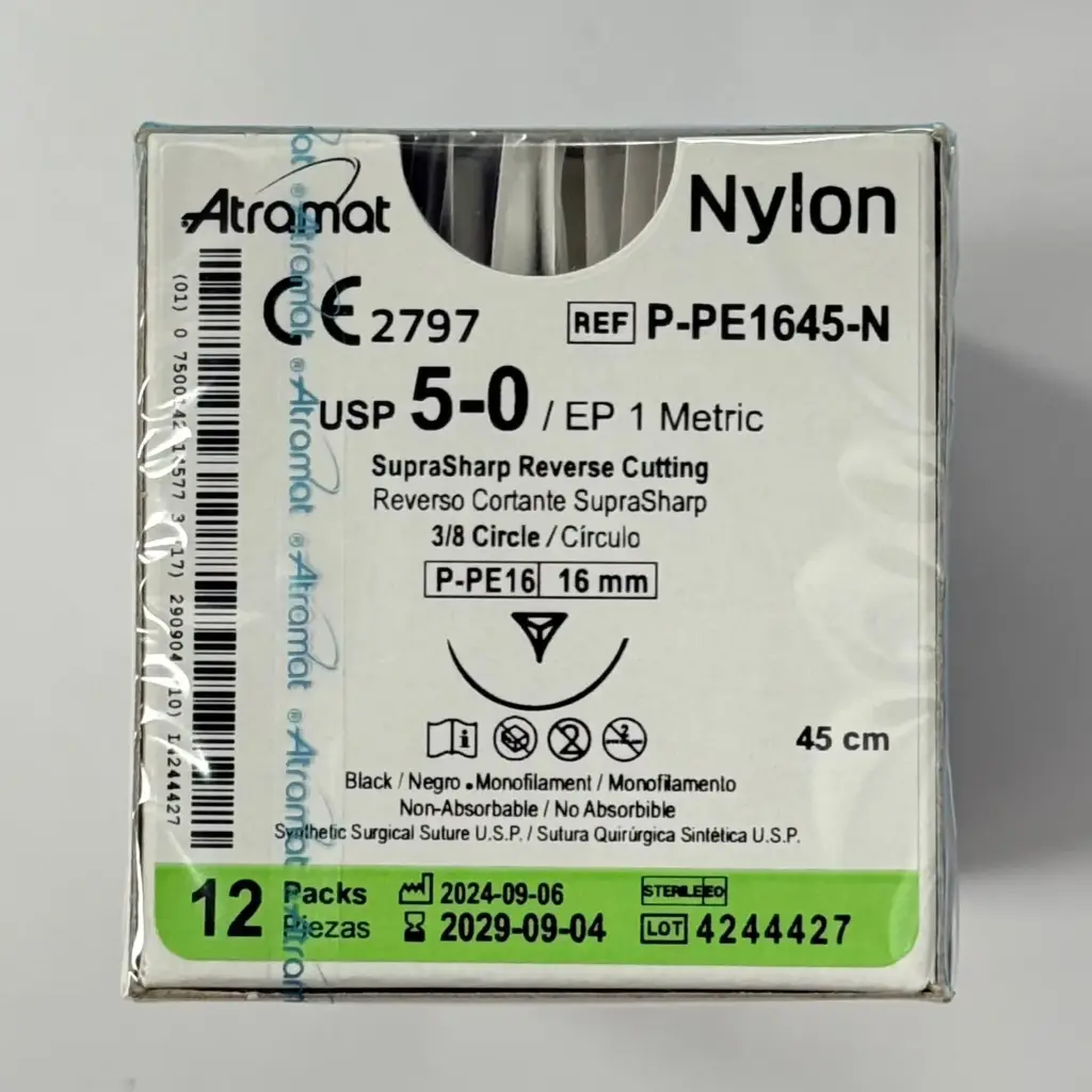 SUTURA NYLON MONO NGO 5-0, 45 CM AGUJA REVERSO CORTANTE SUPRA-SHARP 16 MM 3/8 CIRCULO C/12 ATRAMAT