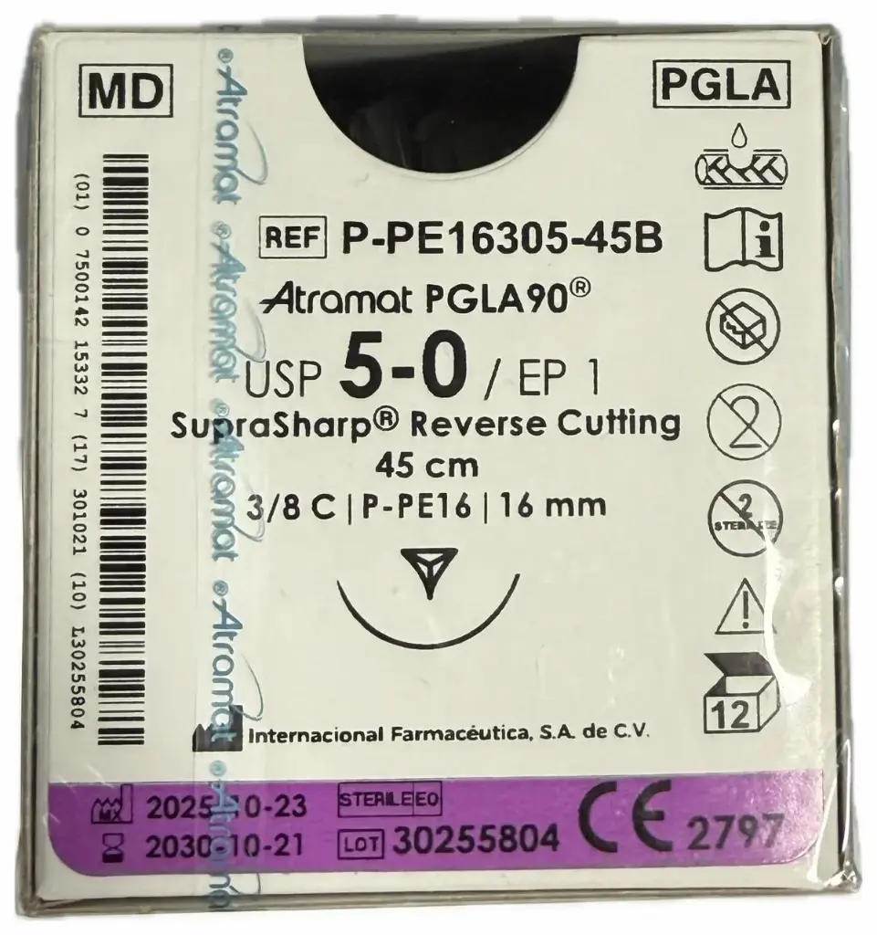 [P-PE16305-45B] SUTURA PGLA90 INCOLORO 5-0, 45 CM AGUJA REVERSO CORTANTE SUPRA-SHARP 16 MM 3/8 C/12 ATRAMAT