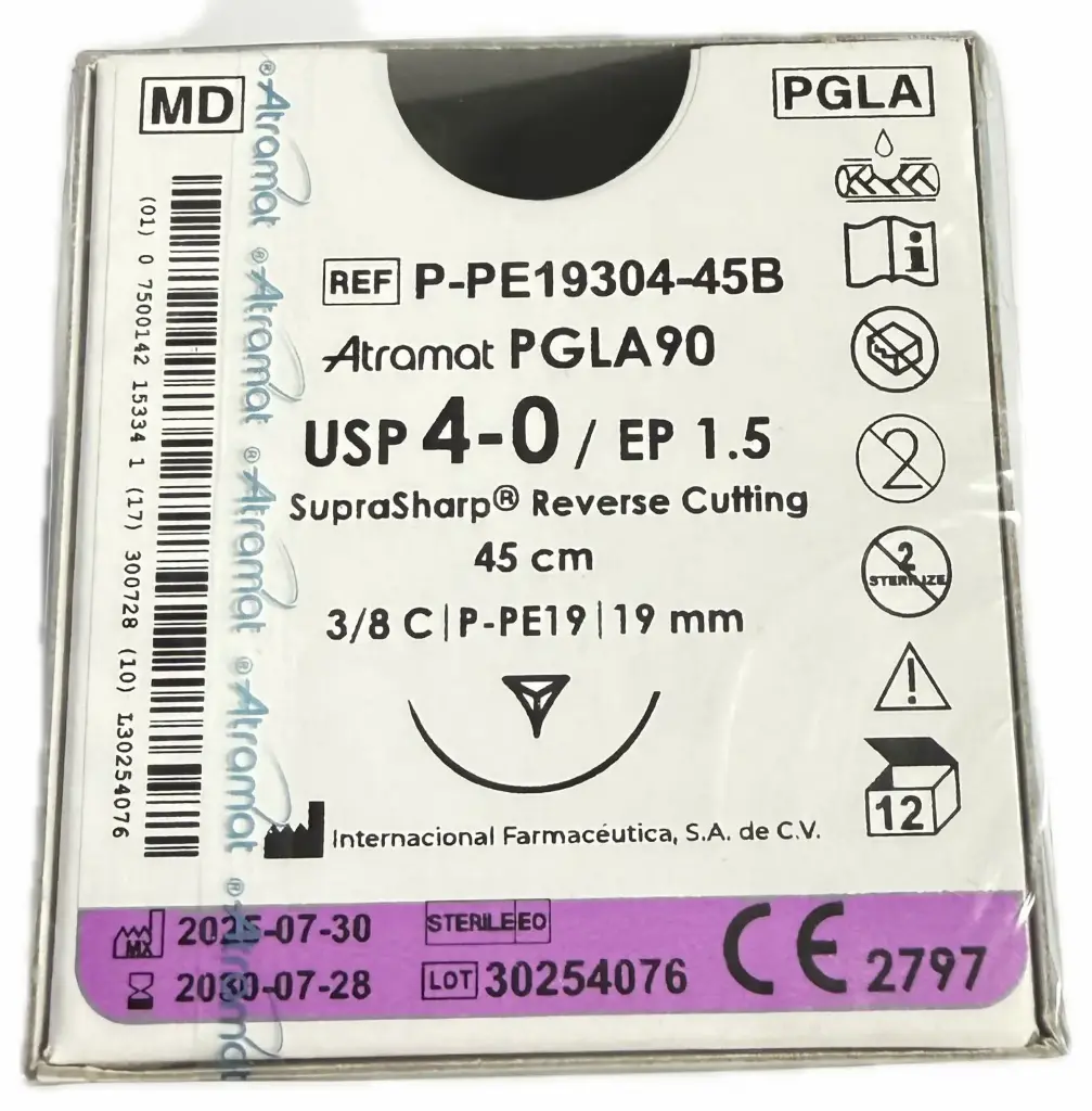 [P-PE19304-45B] SUTURA PGLA90 INCOLORO 4-0, 45 CM AGUJA REVERSO CORTANTE SUPRA-SHARP 19 MM 3/8 C/12 ATRAMAT