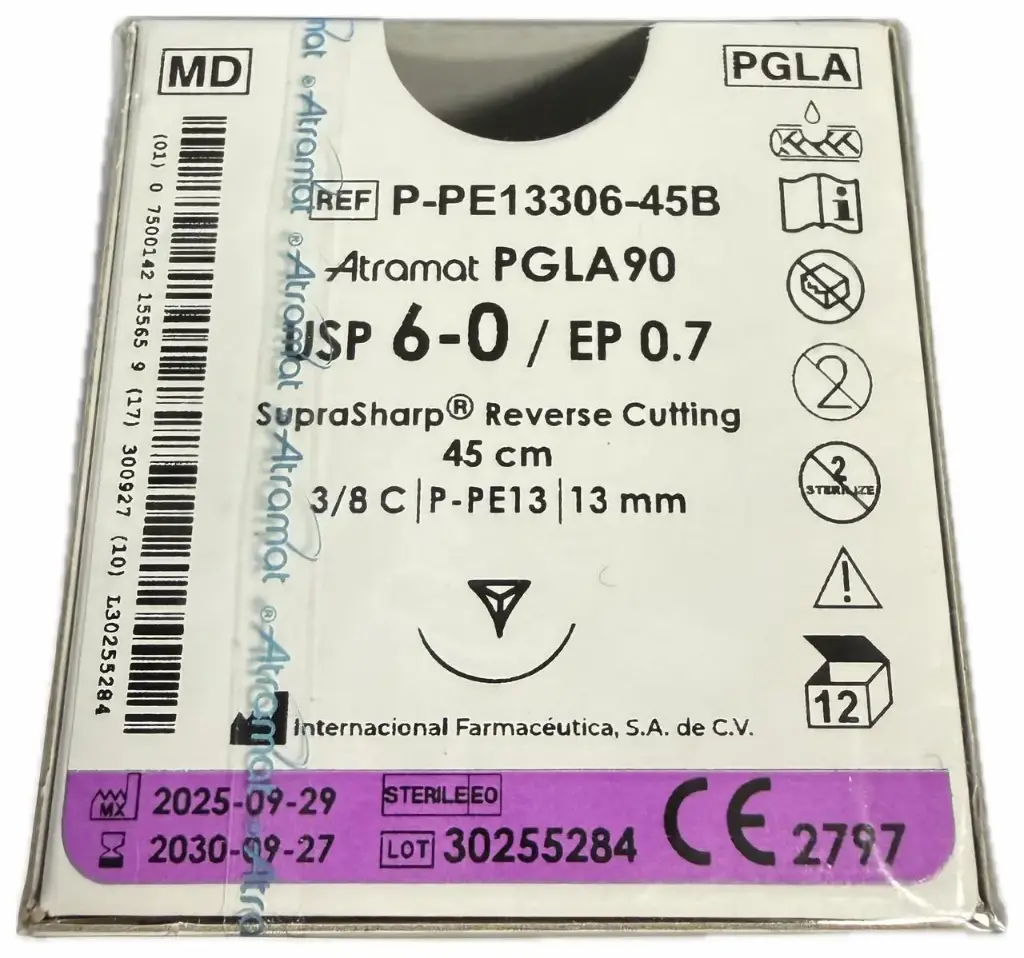 SUTURA PGLA90 INCOLORO USP 6-0, 45 CM AGUJA P- PE-13 REV. CORT. SUPRA-SHARP 13 MM 3/8 C/12pzs ATRAMAT