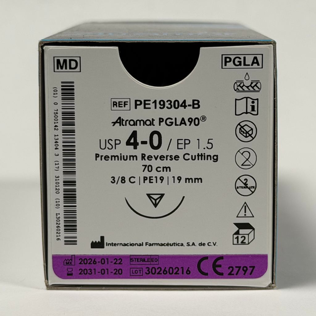 SUTURA PGLA90 INCOLORO 4-0, 70 CM AGUJA PE-19 REVERSO CORTANTE PREMIUM 19 MM 3/8 CIRCULO C/12 ATRAMAT 