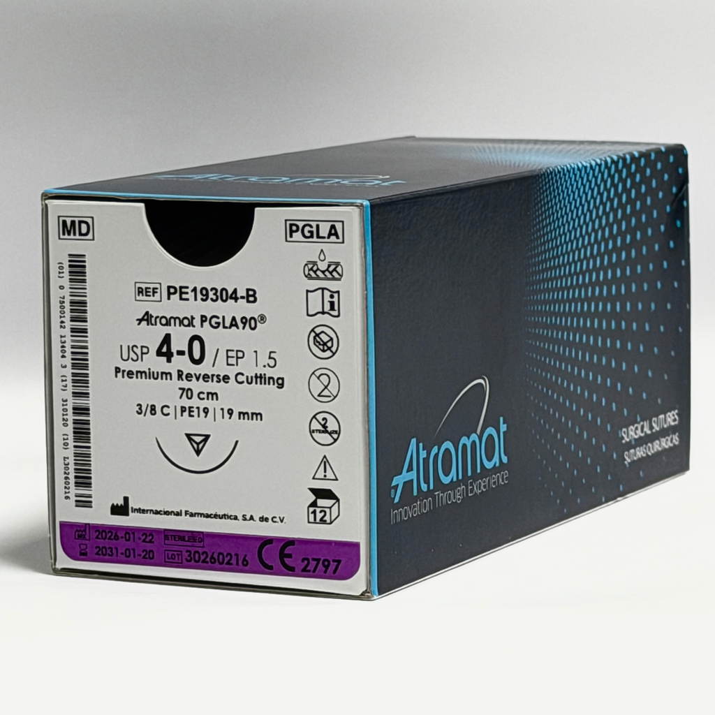 SUTURA PGLA90 INCOLORO USP 4-0, 70 CM AGUJA PE-19 REVERSO CORTANTE PREMIUM 19 MM 3/8 CIRCULO ATRAMAT 