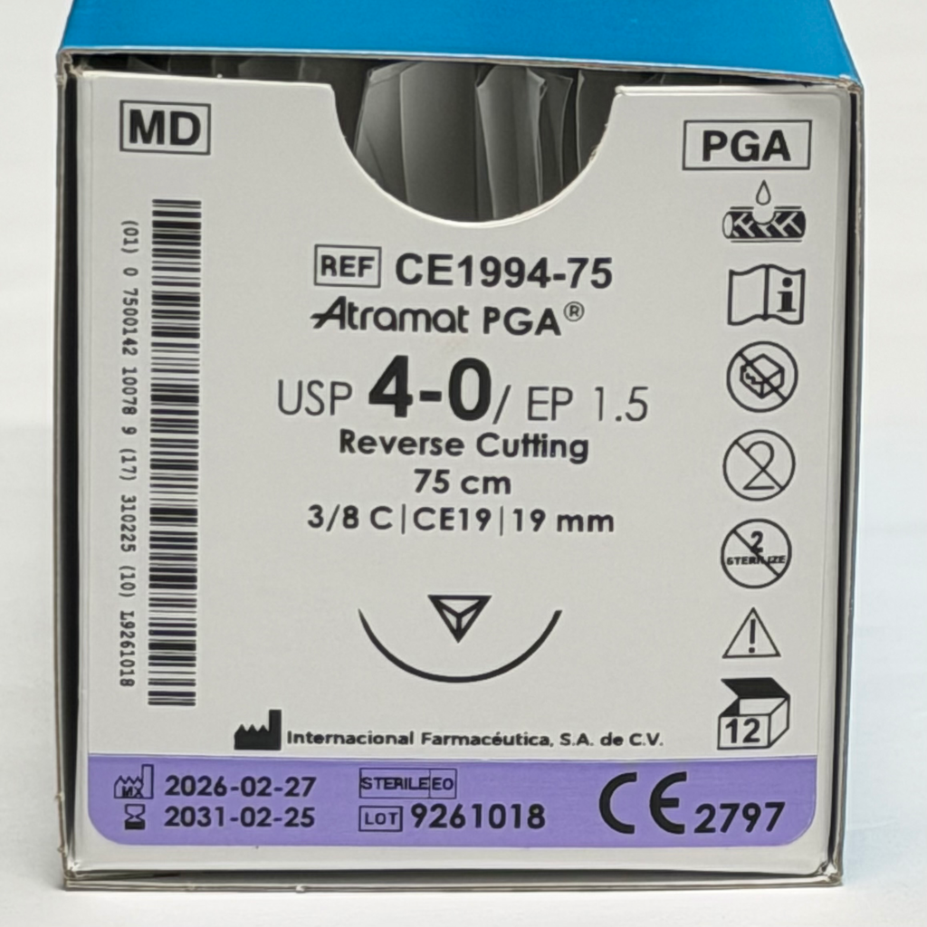 [CE1994-75] SUTURA PGA VIOLETA 4-0 75 CM REVERSO CORTANTE 19 MM 3/8 C/12 ATRAMAT