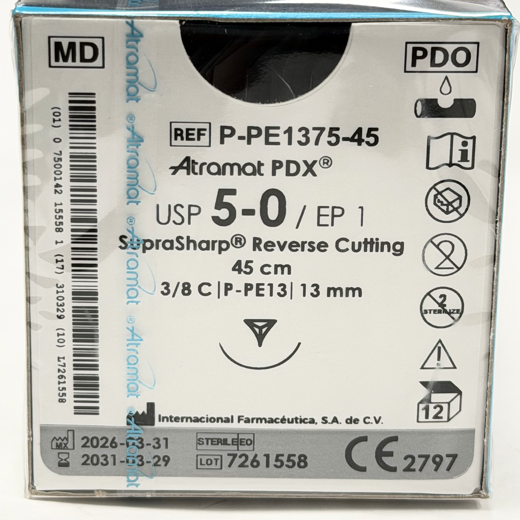 [P-PE1375-45] SUTURA POLIDIOXANONA PDO VIOLETA USP 5-0, 45 CM AGUJA REVERSO CORTANTE SUPRA-SHARP 13 MM 3/8 CIRCULO C/12 ATRAMAT