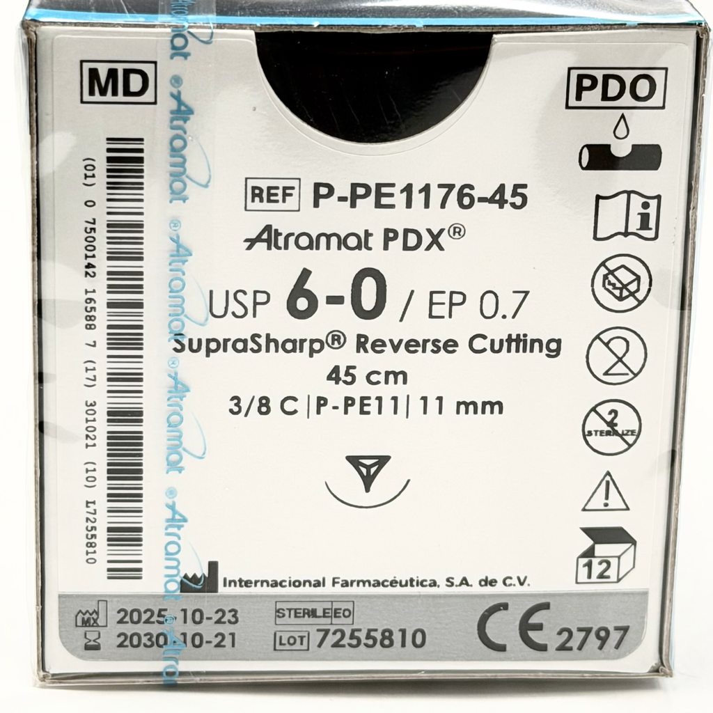 [P-PE1176-45] SUTURA POLIDIOXANONA PDO VIOLETA USP 6-0, 45 CM AGUJA REVERSO CORTANTE SUPRA-SHARP 11 MM 3/8 CIRCULO C/12 ATRAMAT