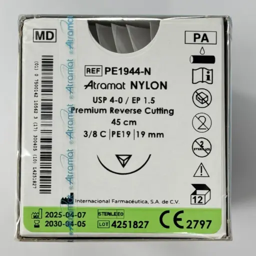 [PE1944-N] SUTURA NYLON MONO NGO 4-0, 45 CM AGUJA REVERSO CORTANTE PREMIUM 19 MM 3/8 CIRCULO C/12 ATRAMAT