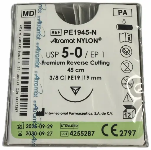 [PE1945-N] SUTURA NYLON NEGRO USP 5-0, 45 CM AGUJA PE-19 REVERSO CORTANTE PREMIUM 19 MM 3/8 CIRCULO