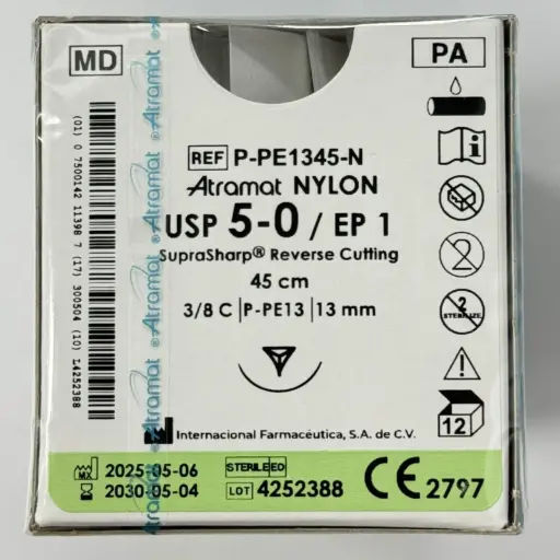 [P-PE1345-N] SUTURA NYLON MONO NGO 5-0, 45 CM AGUJA REVERSO CORTANTE SUPRA-SHARP 13 MM 3/8 CIRCULO C/12 ATRAMAT