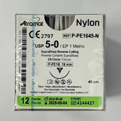 [P-PE1645-N] SUTURA NYLON MONO NGO 5-0, 45 CM AGUJA REVERSO CORTANTE SUPRA-SHARP 16 MM 3/8 CIRCULO C/12 ATRAMAT
