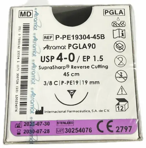 [P-PE19304-45B] SUTURA PGLA90 INCOLORO USP 4-0, 45 CM AGUJA P- PE-19 REV. CORT. SUPRA-SHARP 19 MM 3/8 C/12pzs ATRAMAT