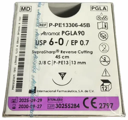 [P-PE13306-45B] SUTURA PGLA90 INCOLORO USP 6-0, 45 CM AGUJA P- PE-13 REV. CORT. SUPRA-SHARP 13 MM 3/8 C/12pzs ATRAMAT