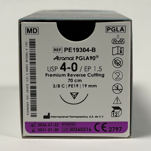 [PE19304-B] SUTURA PGLA90 INCOLORO USP 4-0, 70 CM AGUJA PE-19 REVERSO CORTANTE PREMIUM 19 MM 3/8 CIRCULO C/12 ATRAMAT 
