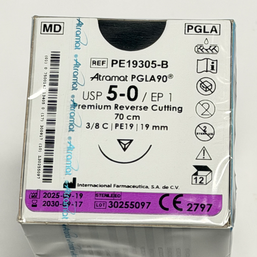 [PE19305-B] SUTURA PGLA90 INCOLORO USP 5-0, 70 CM AGUJA PE-19 REVERSO CORTANTE PREMIUM 19 MM 3/8 CIRCULO C/12 ATRAMAT 